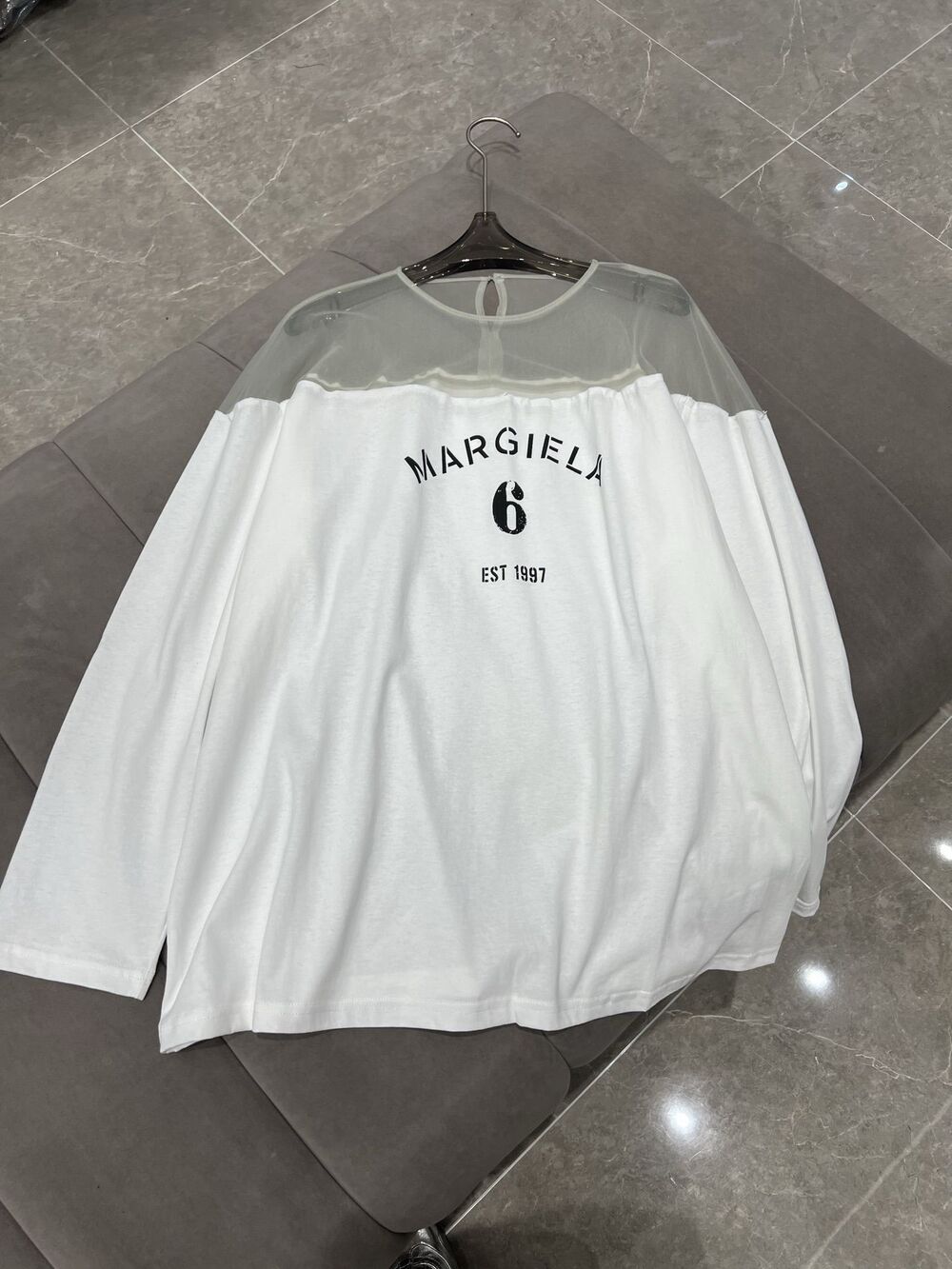✨MM6 Maison Margiela White Mesh Yoke Logo Long Sleeve Top